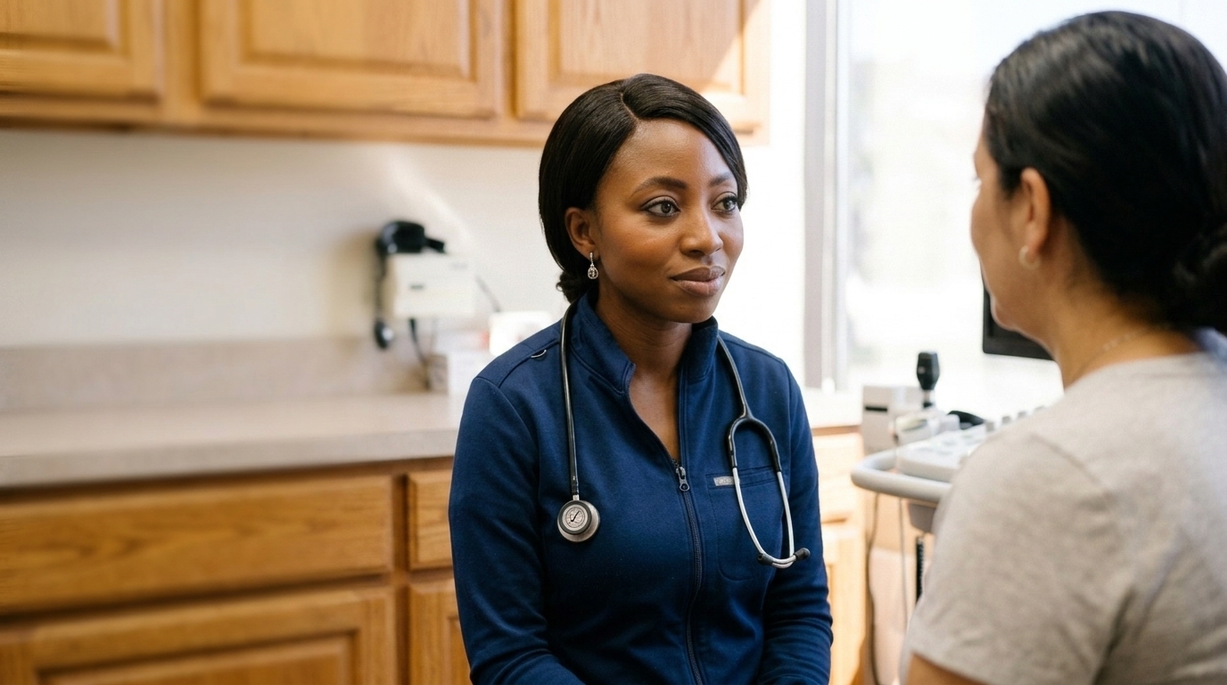 Abimbola Lanipekun, APRN, FNP-C listening to a patient at OnPoint Urgent Care