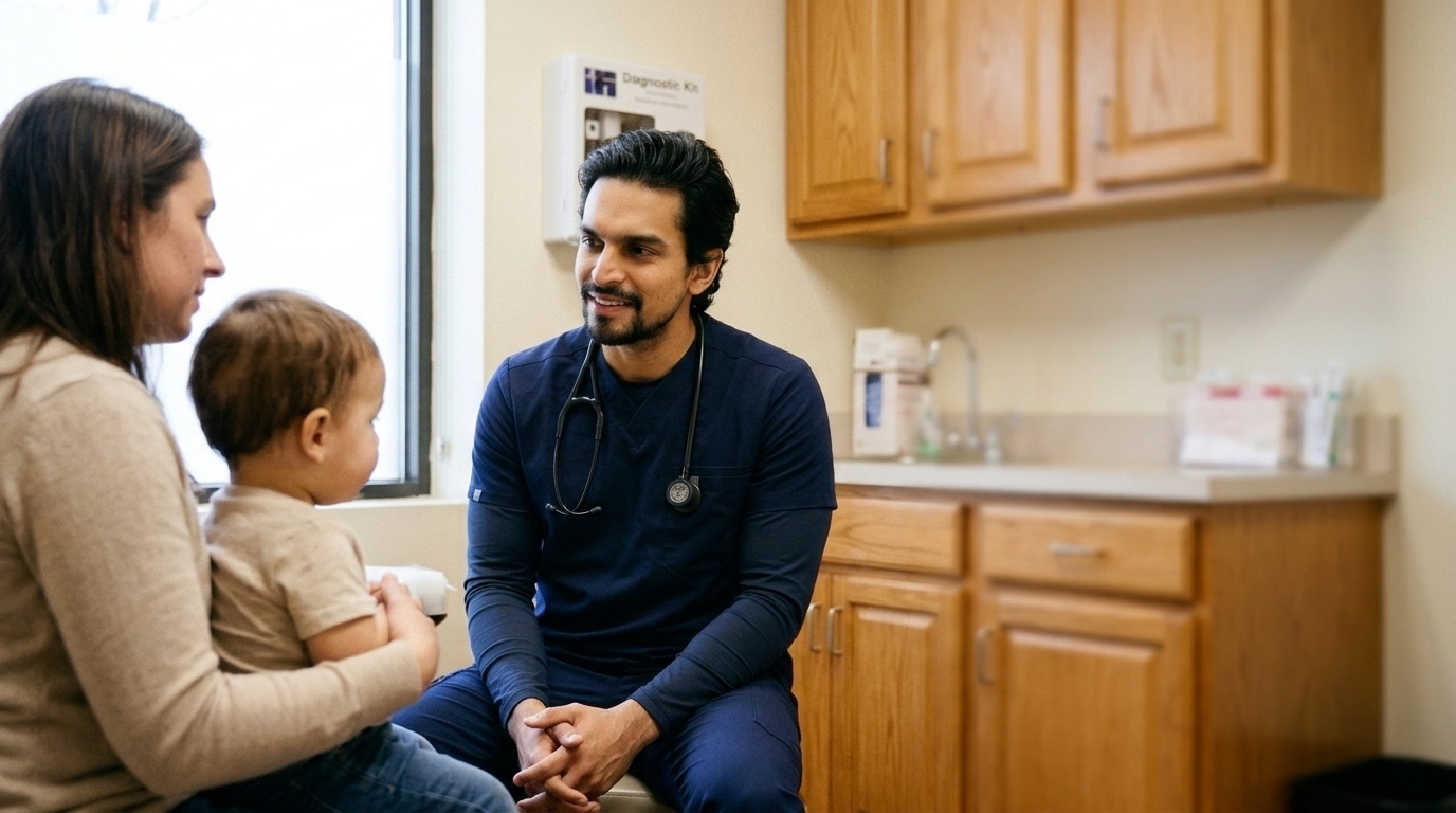 Afaq Ali, APRN, FNP-C caring for a young patient at OnPoint Urgent Care